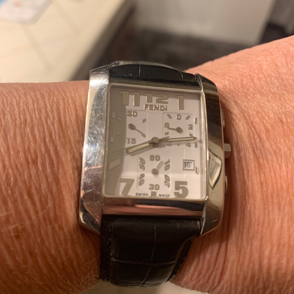 FENDI watch black leather band with chrome hardware